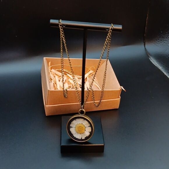 New Rustic Look Real Daisy Encased, 18" Necklace New In Box - Picture 1 of 4